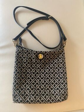 Tommy Hilfiger Black and Beige Patterned Crossbody Bag